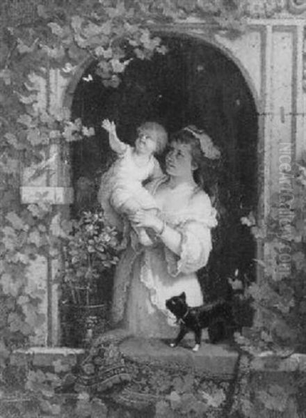 Junge Frau Mit Kind An Einem Mit Weinlaub Umrankten Rundbogenfenster Oil Painting by Hans Brunner