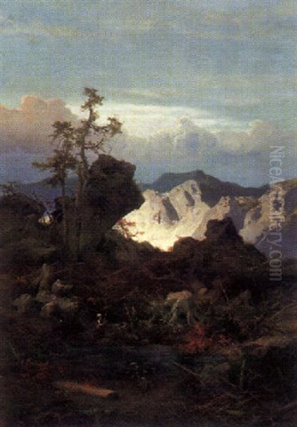 Rastende Bauern Bei Einem Teich Im Gebirge Zur Herbstzeit Oil Painting by Joseph Brunner