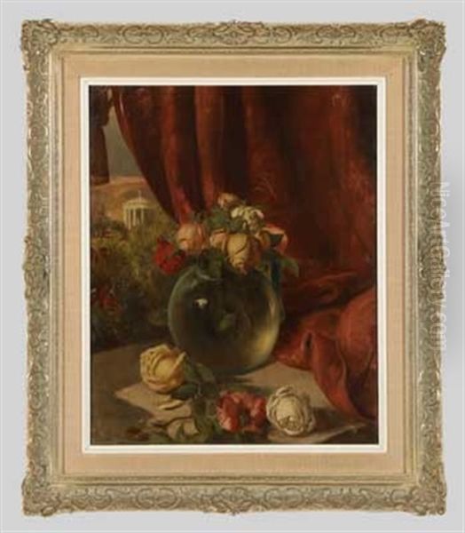 Glasvase Mit Rosen Vor Landschaft Und Architektur (+ Melonen Und Trauben Vor Weitlaufiger Landschaft; 2 Works) Oil Painting by Samuel Brunner
