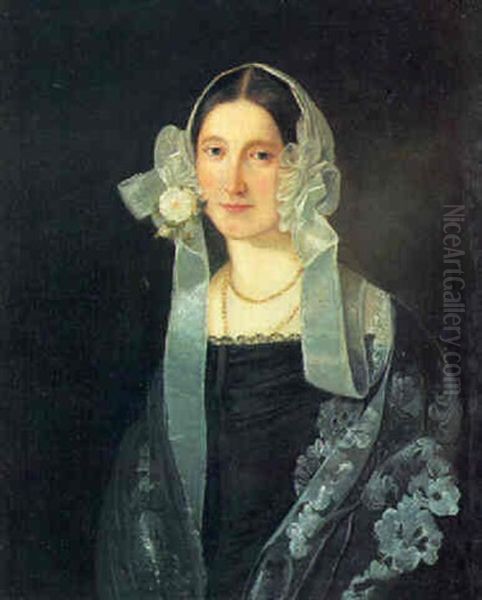Portraet Af En Dame I Sort Kjole Med Kyse Med Slojfer Og Band Oil Painting by Morten Thrane Bruennich