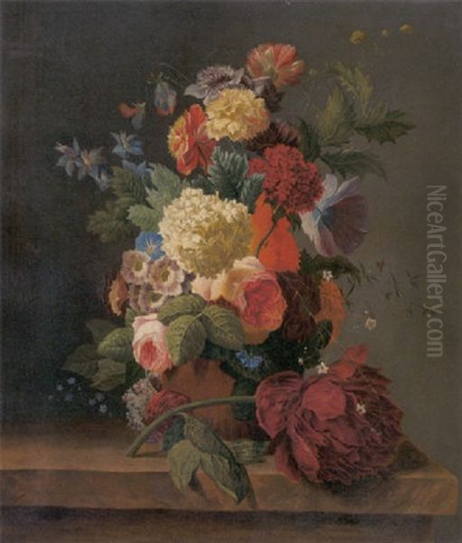 Bunter Blumenstraus Mit Rosen, Hortensien, Nelken, Tulpen Und Akelei Oil Painting by Paul Theodor van Bruessel