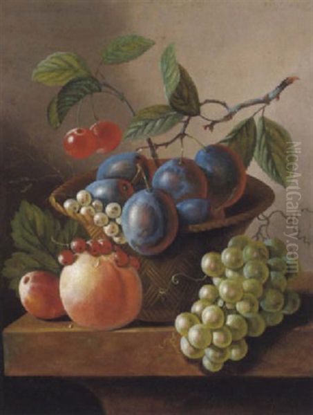 Stilleben Mit Pflaumen, Kirchen, Preiselbeeren, Trauben Und Pfirsichen In Einem Geflochtenen Korb Auf Einer Steintischplatte Oil Painting by Johannes Cornelis de Bruyn