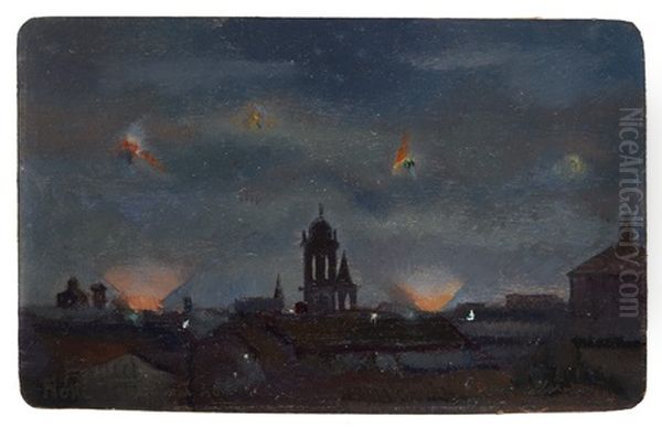 Notte 11-12 Giugno 40 - Primo Allarme Aereo A Milano - Storia D'italia Oil Painting by Anselmo Bucci