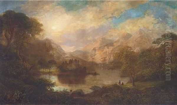 Figures On The Bank Of A Loch, With A Ruined Castle Beyond Oil Painting by George F. Buchanan