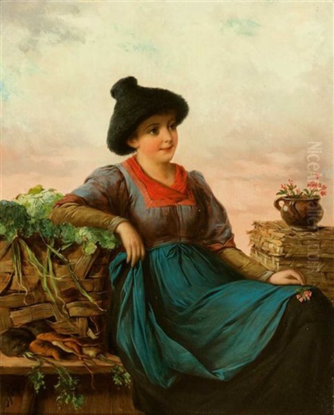 Portrait Einer Reizenden Tirolerin Als Gemusehandlerin Vor Morgendlicher Wolkenstimmung Oil Painting by Josef Bueche