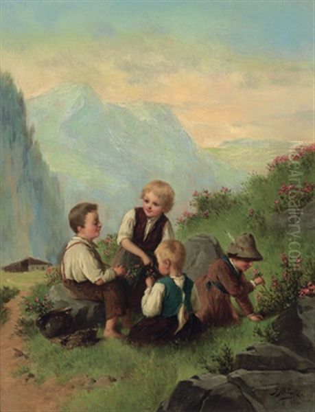 Kinder Beim Almrausch Pflucken Oil Painting by Josef Bueche