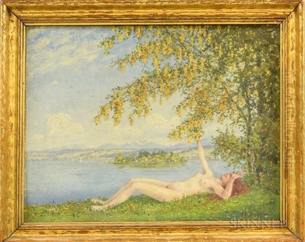 Reclining Nude By A Lake Shore Oil Painting by Robert Buchtger