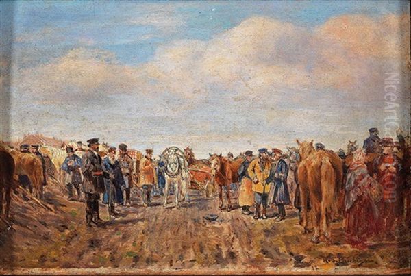 Russian Horse Market Oil Painting by Robert Buchtger