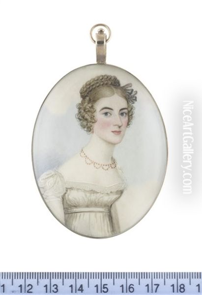 A Lady, Wearing White Dress With Capped Sleeves And Lace Trim To Her Decollete, Tiered Coral Necklace And Pendant Earring, Her Hair Upswept Oil Painting by Frederick Buck