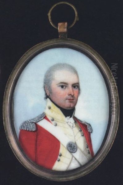 A Militia Officer (welsh?), Wearing Red Uniform With Yellow Facings, Silver Epaulettes, White Sword Belt With Cross Plate, Black Stock And Frilled White Cravat Oil Painting by Frederick Buck