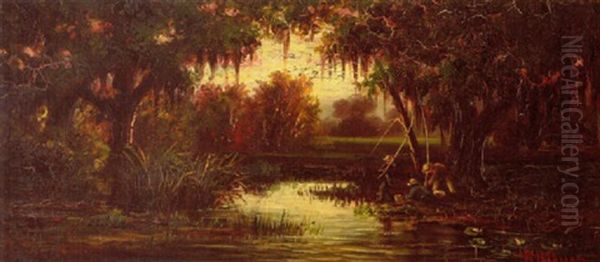Louisiana Landscape With Three Boys Fishing Oil Painting by William Henry Buck