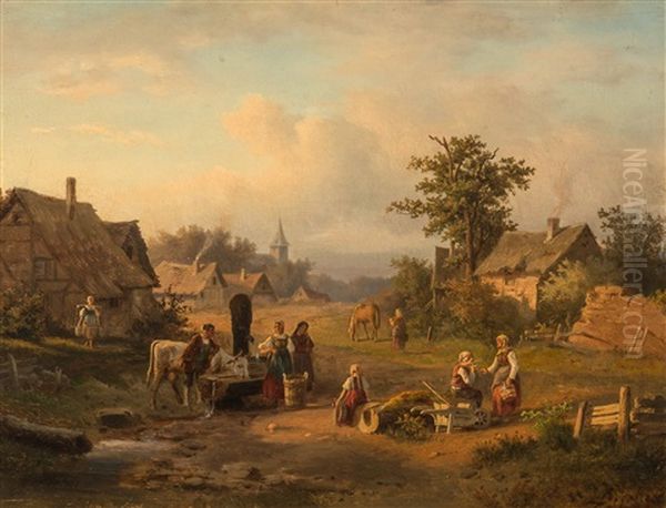 Activity At The Water Pump Oil Painting by Peter Bucken