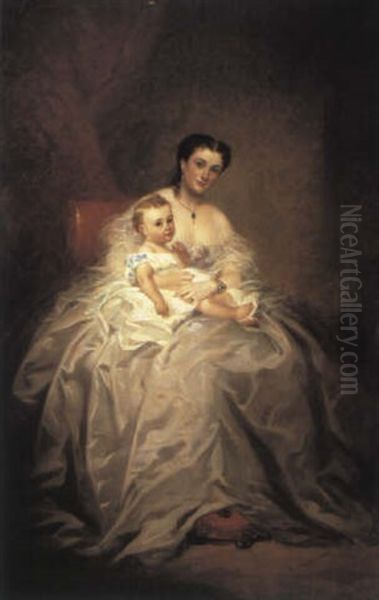 A Portrait Of A Mother And Child Full Lengths In White      Gowns In An Interior Oil Painting by Richard Buckner