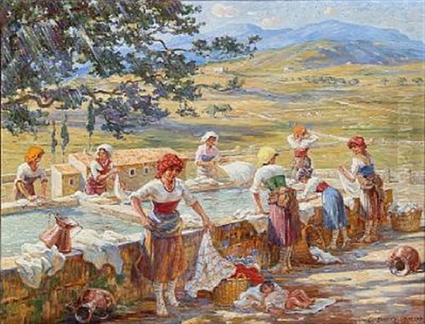 Vask Ved Fontaenen I Carovana Di Roma. Wash At A Fountain In Carovana Di Roma Oil Painting by Carl Budtz-Moller