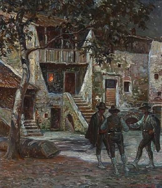 Evening Scene With Three Italian Men Oil Painting by Carl Budtz-Moller