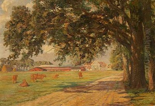 A Danish Manor House With Large Stables Oil Painting by Carl Budtz-Moller