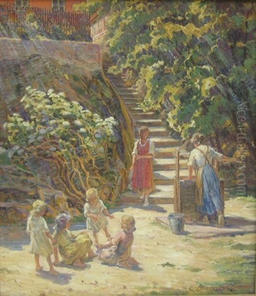 Formiddag Ved Bronden, Gudhjem Oil Painting by Carl Budtz-Moller