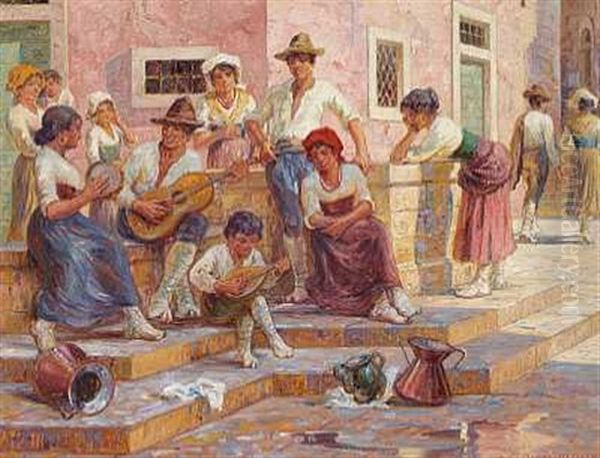 Sondagsstemning I En Italiensk By (anticoli?) Oil Painting by Carl Budtz-Moller