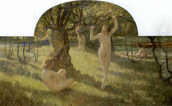 Unge Piger I Sommerlandskab Oil Painting by Carl Budtz-Moller