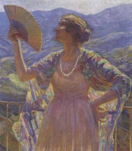 Woman With A Fan Oil Painting by Carl Budtz-Moller