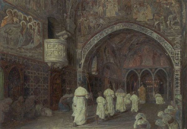 Procession I Klosterkirken St. Beneditto Subiaco Oil Painting by Carl Budtz-Moller