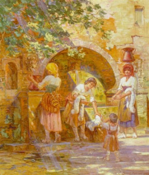 Ved Vaskefontainen Oil Painting by Carl Budtz-Moller