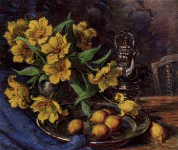 Lemons, Flowers And A Silver Teapot On A Table Oil Painting by Carl Budtz-Moller