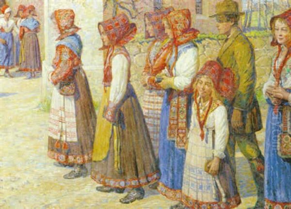 Kyrkbesokare I Floda, Dalarna Oil Painting by Carl Budtz-Moller