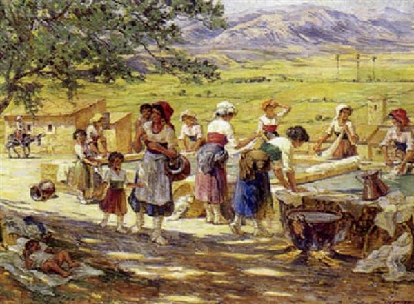 Vask Ved Fontaenen, Cervara I Sabinerbjergene Oil Painting by Carl Budtz-Moller