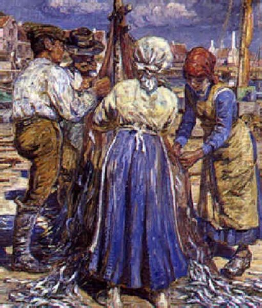 Fiskere Og Fiskerkoner Renser Sildegarn, Bornholm Oil Painting by Carl Budtz-Moller