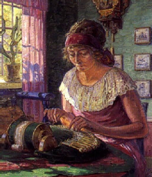 Kunstnerens Hustru Ved Kniplebraettet Oil Painting by Carl Budtz-Moller