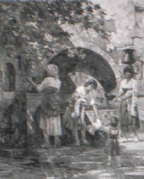 Italienske Kvinder Ved En Vandfontaine Oil Painting by Carl Budtz-Moller