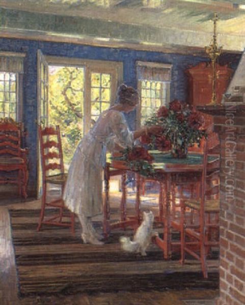 Interior Med Ung Kvinde Og Kat Ved +benst+ende Verandad+r Oil Painting by Carl Budtz-Moller