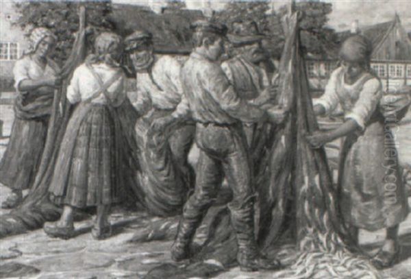 Fiskere Og Fiskerone Der Piller Sildegarn Oil Painting by Carl Budtz-Moller