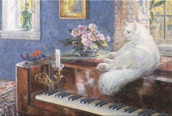 A Cat Lying On A Piano Oil Painting by Carl Budtz-Moller