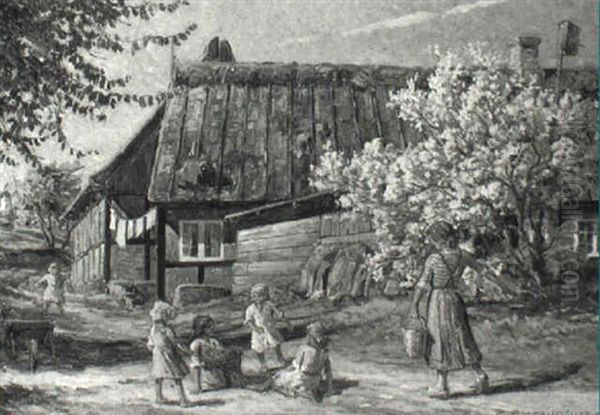 Legende Born Foran Kunstnerens Sommerhus I Fiskerlejet Melsted Bornholm Oil Painting by Carl Budtz-Moller