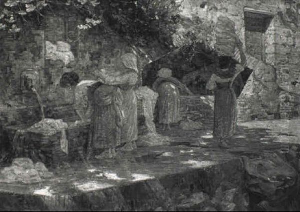 Unge Piger Vasker T+j Ved Br+nden I En By I Sabinerbjergene Oil Painting by Carl Budtz-Moller