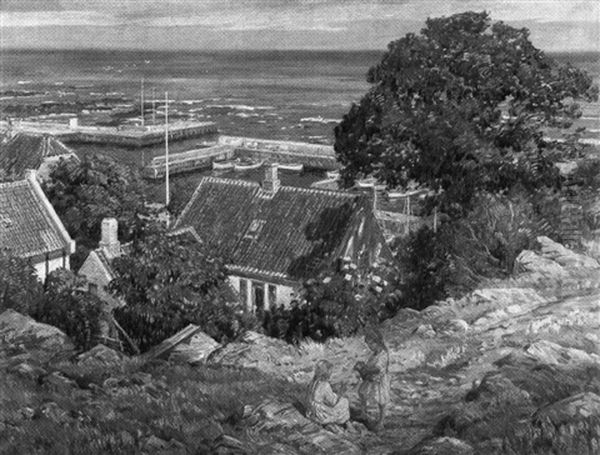 'sommerdag, Haven: Gudhjem (bornholm)' (a Summer Day At     Gudhjem Harbor, On The Island Of Bornholm, Denmark) Oil Painting by Carl Budtz-Moller