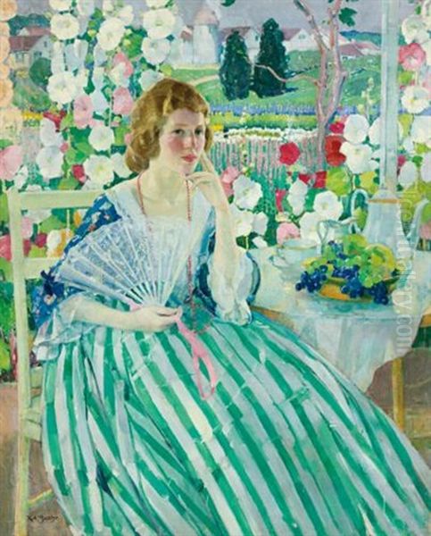 Young Woman On A Porch Oil Painting by Karl Albert Buehr