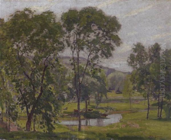 A Spring Landscape With Cows Watering In A Stream Oil Painting by Karl Albert Buehr
