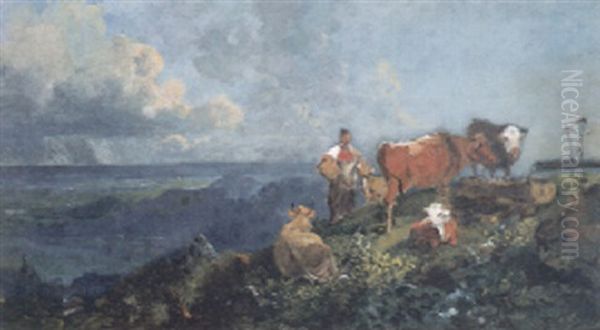 Sennerin Mit Kuhen Auf Der Alm Oil Painting by Heinrich Buerkel
