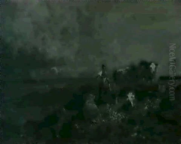 Sennerin Mit Kuhen Auf Der Alm Oil Painting by Heinrich Buerkel