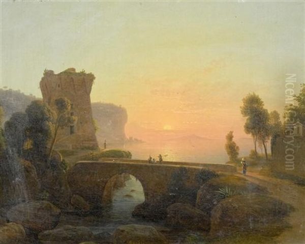Italienische Landschaft Mit Sonnenuntergang Oil Painting by Johann-Rudolph Buhlmann