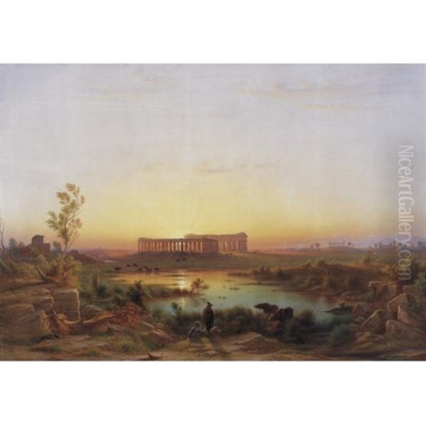 View Of Paestum Oil Painting by Johann-Rudolph Buhlmann