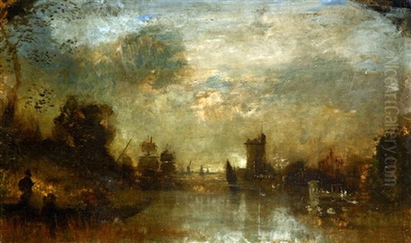 Pecheurs A L'entree Du Port Oil Painting by Felix-Hilaire Buhot