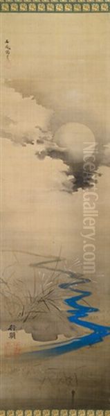 Vollmond Hinter Wolken Uber Landschaft Mit Riedgras An Einem Bachlauf Oil Painting by Tani Buncho