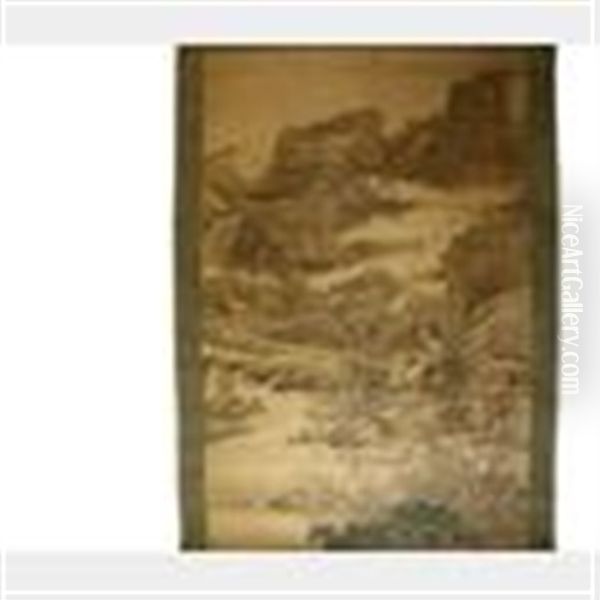 Monumental Japanese Painted Scroll Oil Painting by Tani Buncho