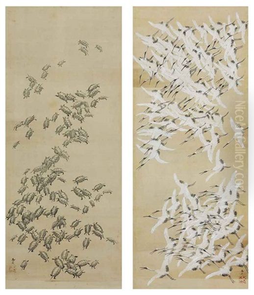 One Hundred Cranes (+ One Hundred Turtles; Pair) Oil Painting by Tani Buncho