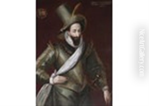 Portrait Of Henri Iv, King Of France (1553-1610), Three-quarter Length, Standing, Wearing A Green And Gold Doublet And A White Ruff And Sash Oil Painting by Francois Bunel the Younger