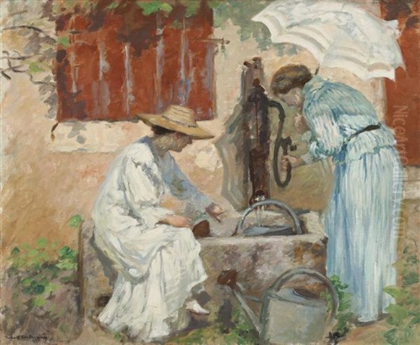 At The Pump Oil Painting by Rupert Charles Bunny